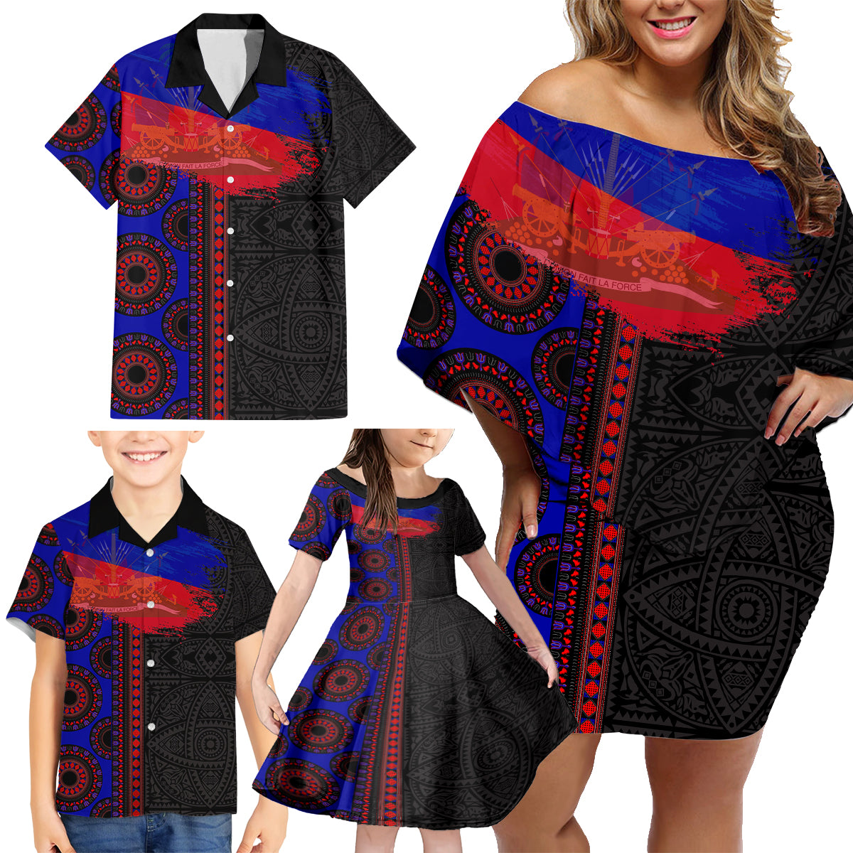 Haiti Flag Day African Seamless Pattern Family Matching Off Shoulder Short Dress and Hawaiian Shirt