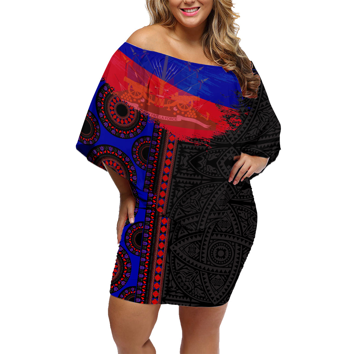Haiti Flag Day African Seamless Pattern Family Matching Off Shoulder Short Dress and Hawaiian Shirt - Wonder Print Shop