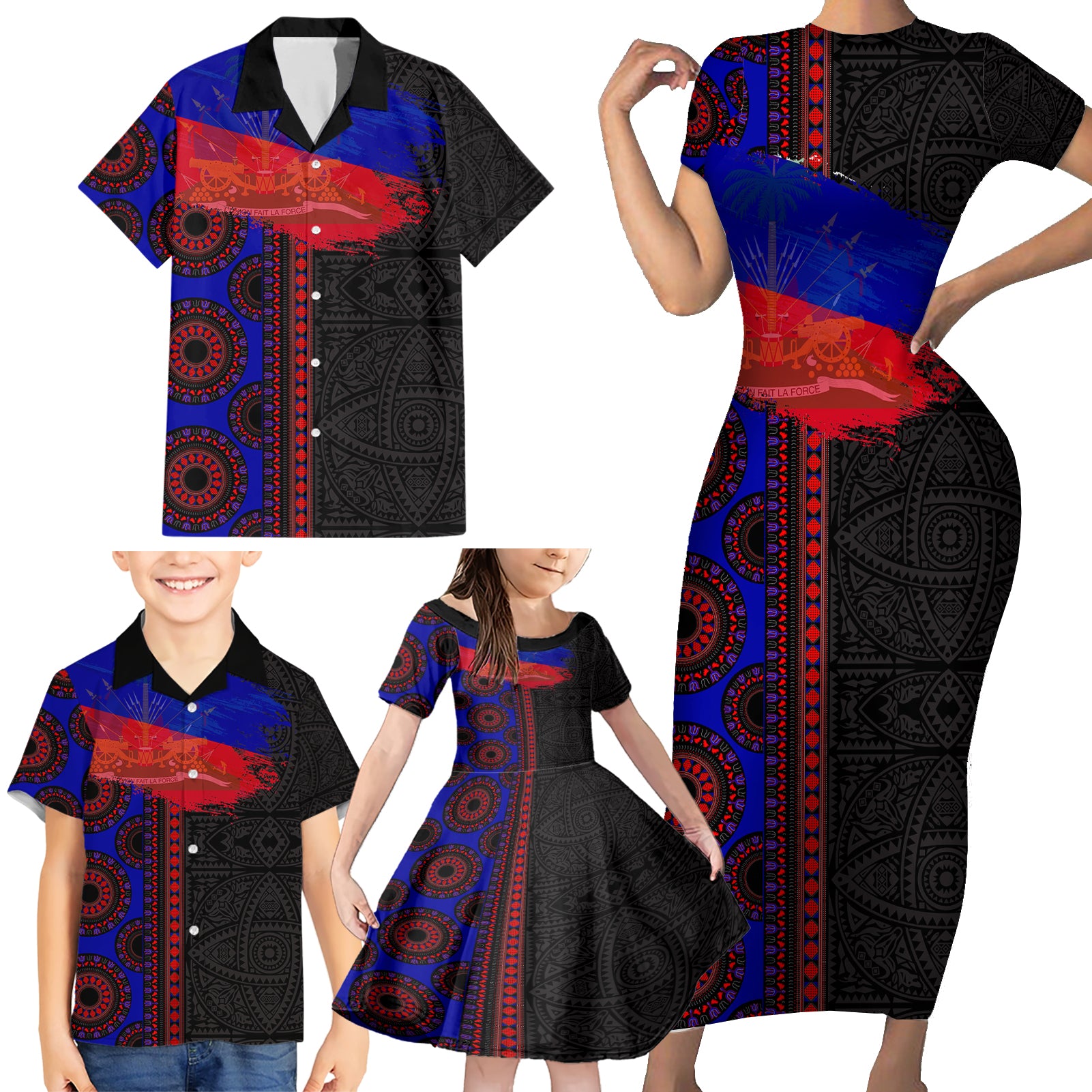 Haiti Flag Day African Seamless Pattern Family Matching Short Sleeve Bodycon Dress and Hawaiian Shirt