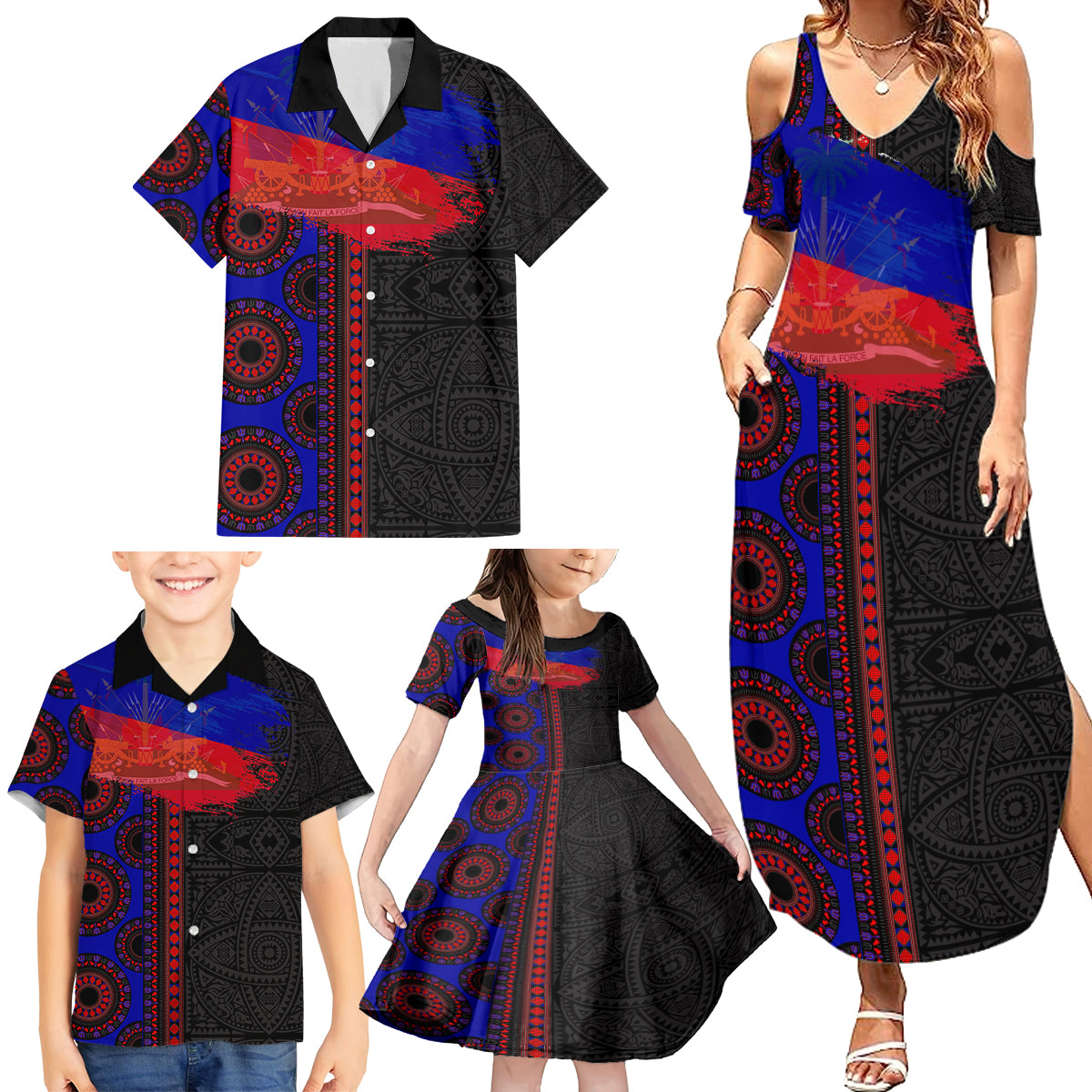Haiti Flag Day African Seamless Pattern Family Matching Summer Maxi Dress and Hawaiian Shirt - Wonder Print Shop