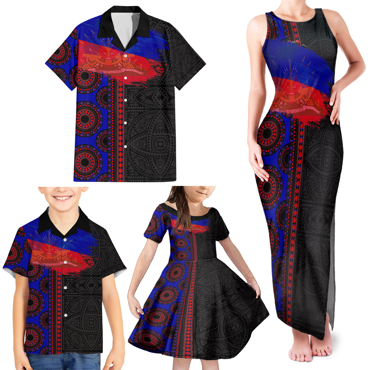 Haiti Flag Day African Seamless Pattern Family Matching Tank Maxi Dress and Hawaiian Shirt - Wonder Print Shop