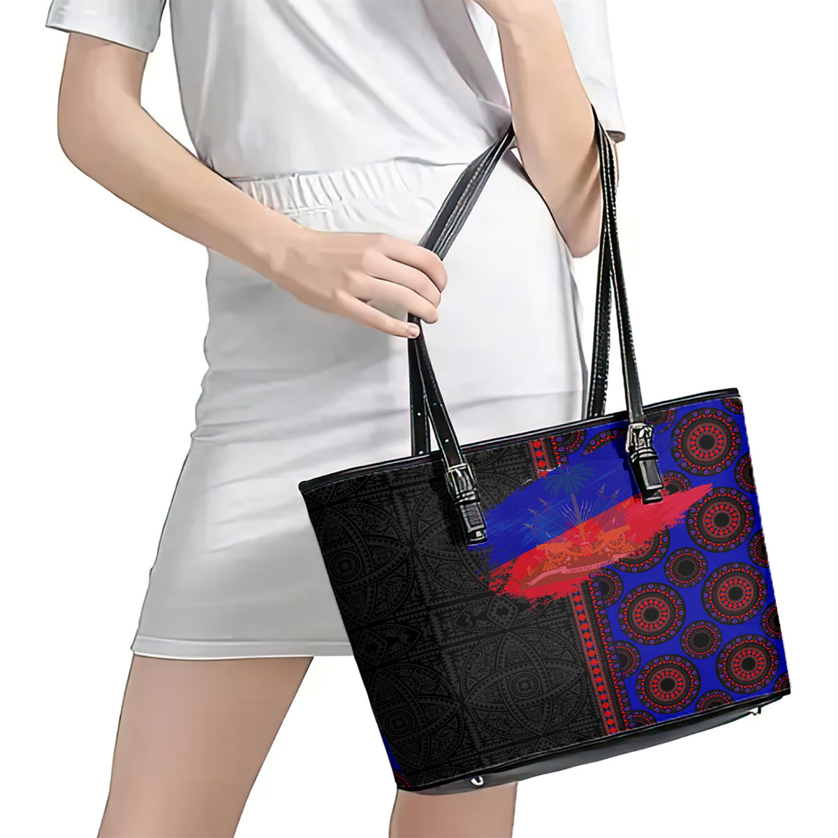 Haiti Flag Day African Seamless Pattern Leather Tote Bag - Wonder Print Shop