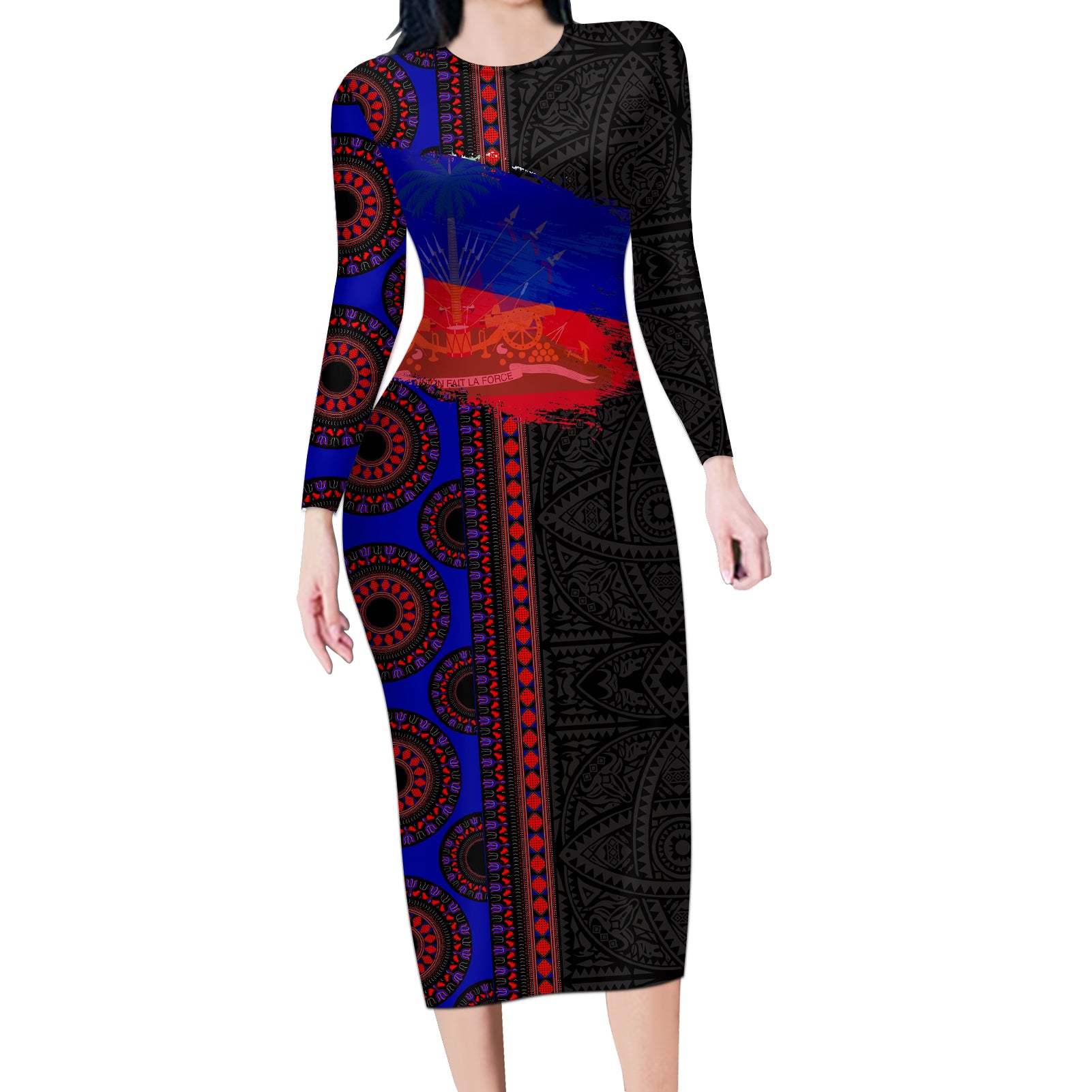 Haiti Flag Day African Seamless Pattern Long Sleeve Bodycon Dress