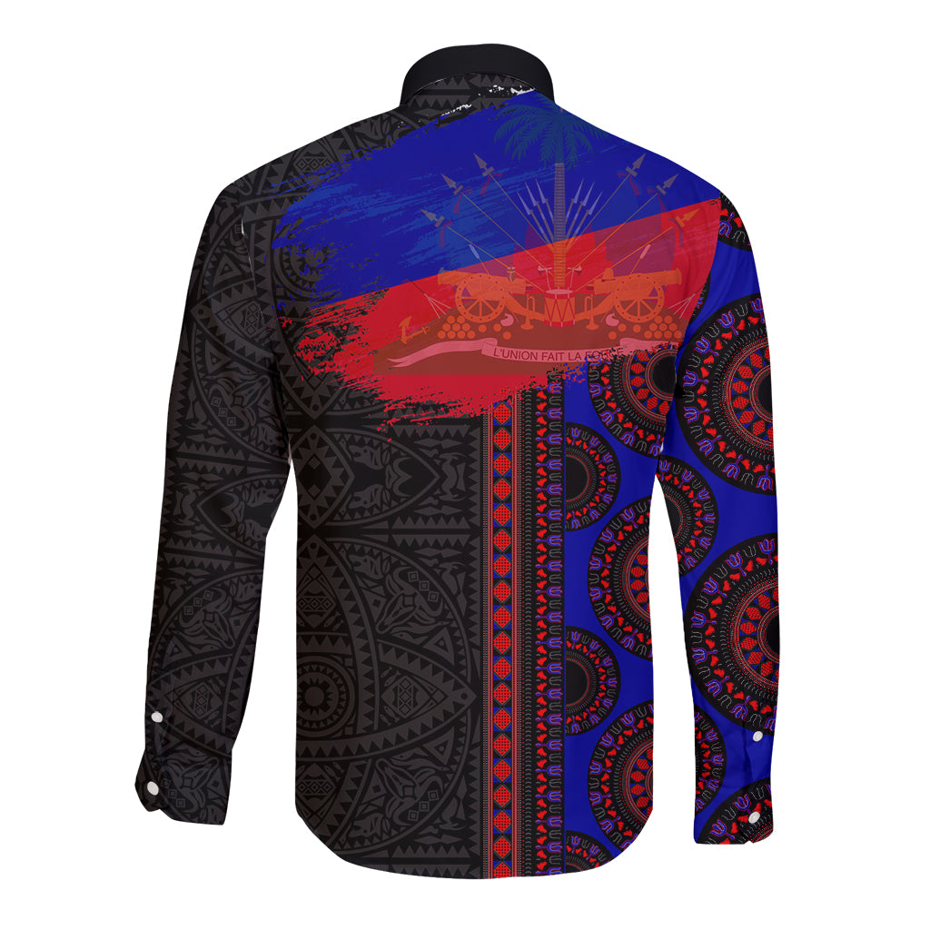 Haiti Flag Day African Seamless Pattern Long Sleeve Button Shirt - Wonder Print Shop