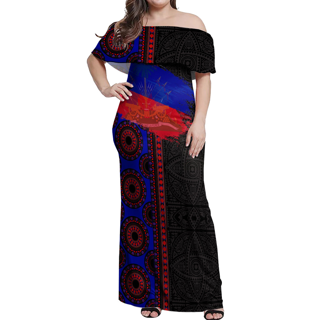 Haiti Flag Day African Seamless Pattern Off Shoulder Maxi Dress