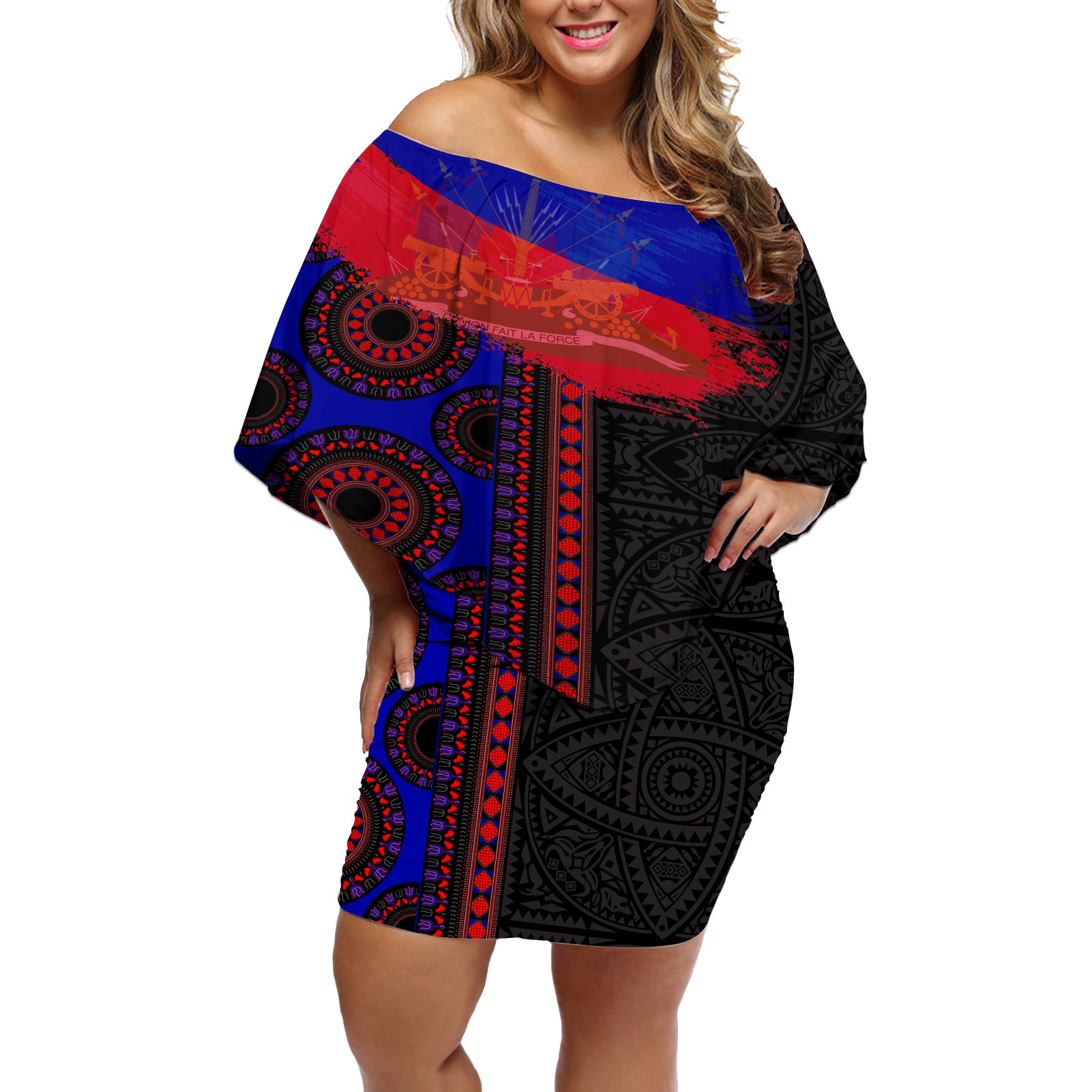 Haiti Flag Day African Seamless Pattern Off Shoulder Short Dress