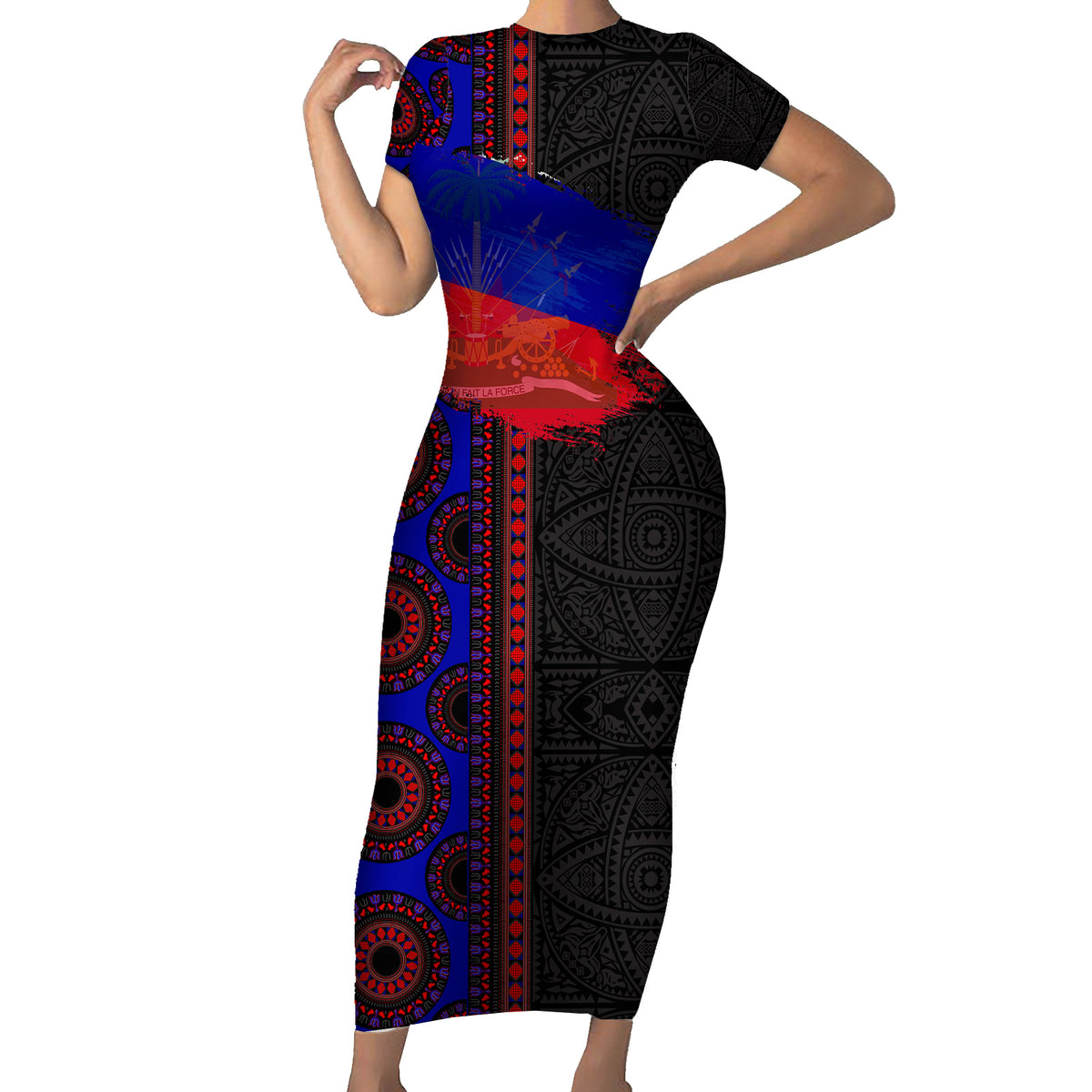 Haiti Flag Day African Seamless Pattern Short Sleeve Bodycon Dress - Wonder Print Shop