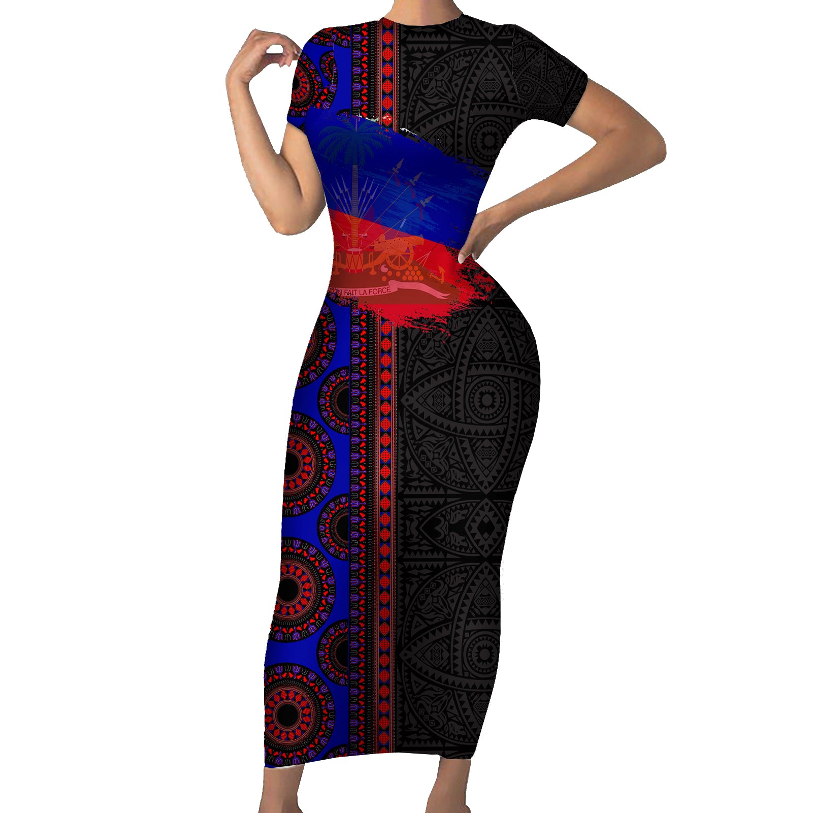 Haiti Flag Day African Seamless Pattern Short Sleeve Bodycon Dress