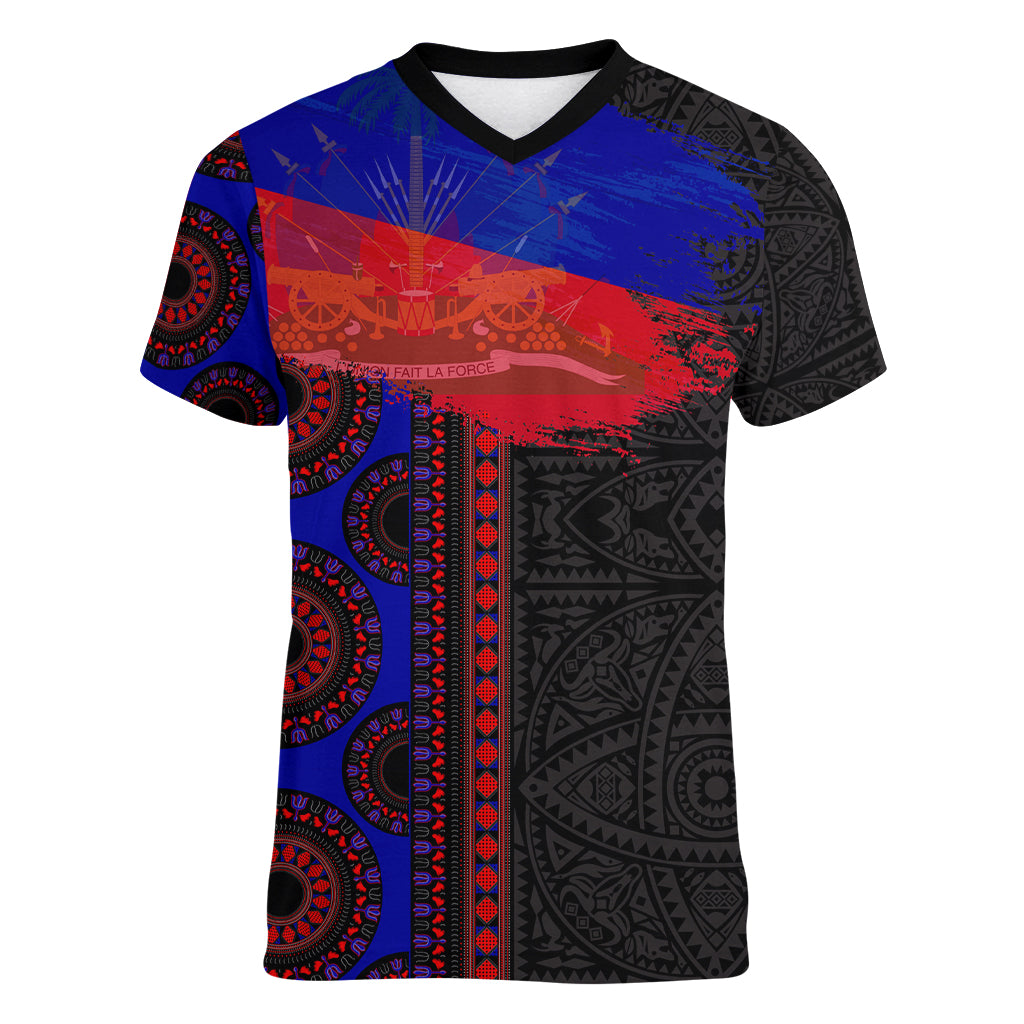 Haiti Flag Day African Seamless Pattern Women V-Neck T-Shirt - Wonder Print Shop
