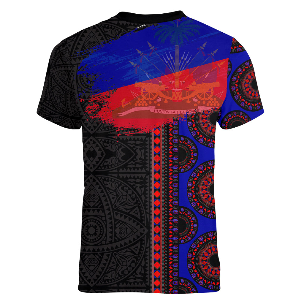 Haiti Flag Day African Seamless Pattern Women V-Neck T-Shirt - Wonder Print Shop