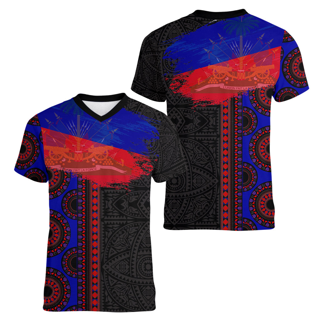 Haiti Flag Day African Seamless Pattern Women V-Neck T-Shirt - Wonder Print Shop