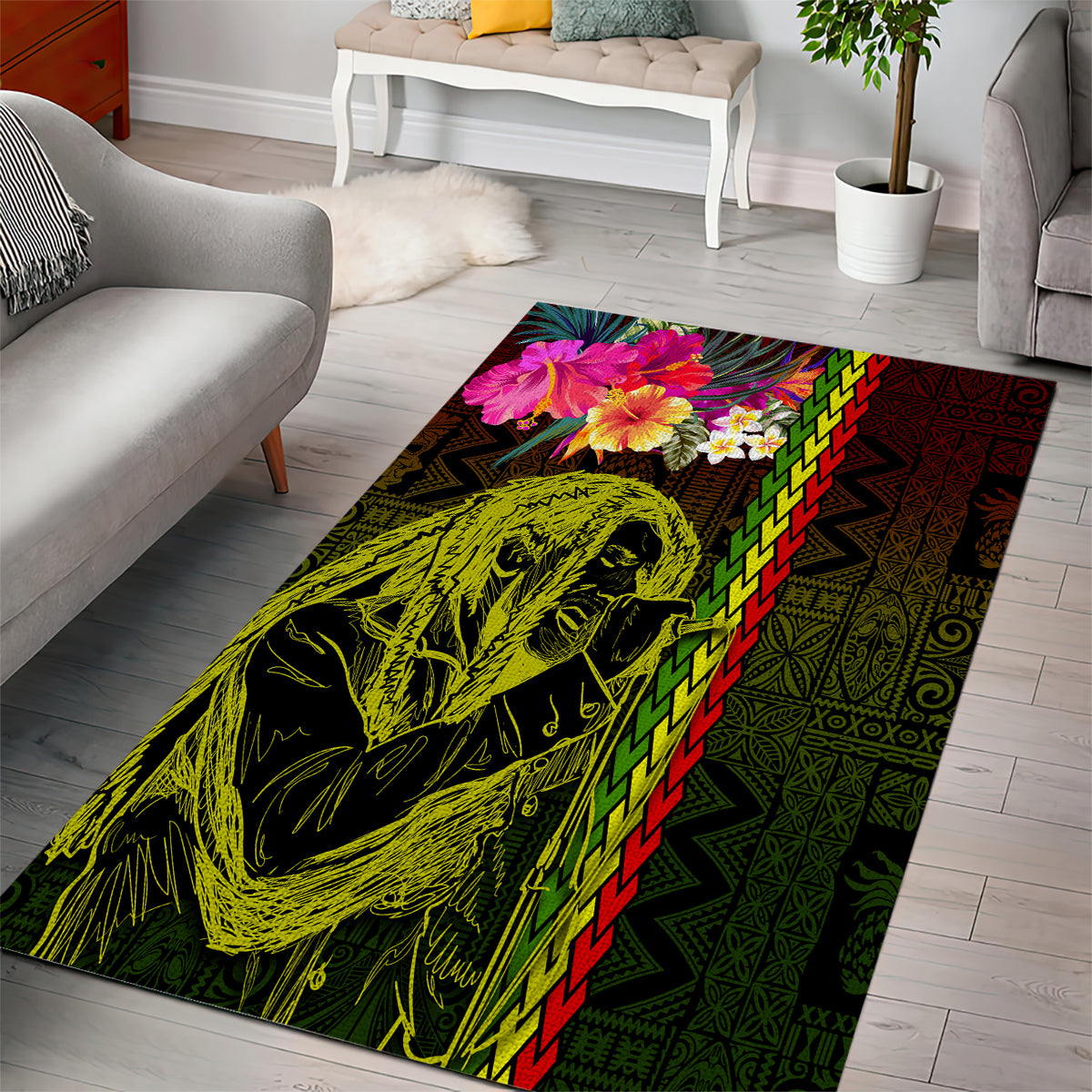 Hawaiian Reggae Music Area Rug Jamaica Singer Tribal Polynesian and Hibiscus - Wonder Print Shop