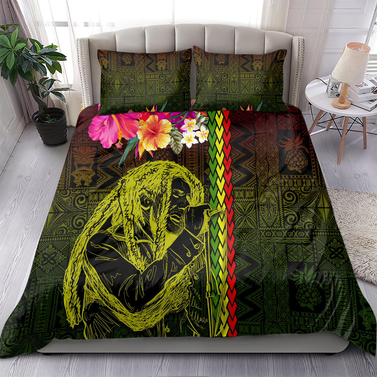 Hawaiian Reggae Music Bedding Set Jamaica Singer Tribal Polynesian and Hibiscus - Wonder Print Shop