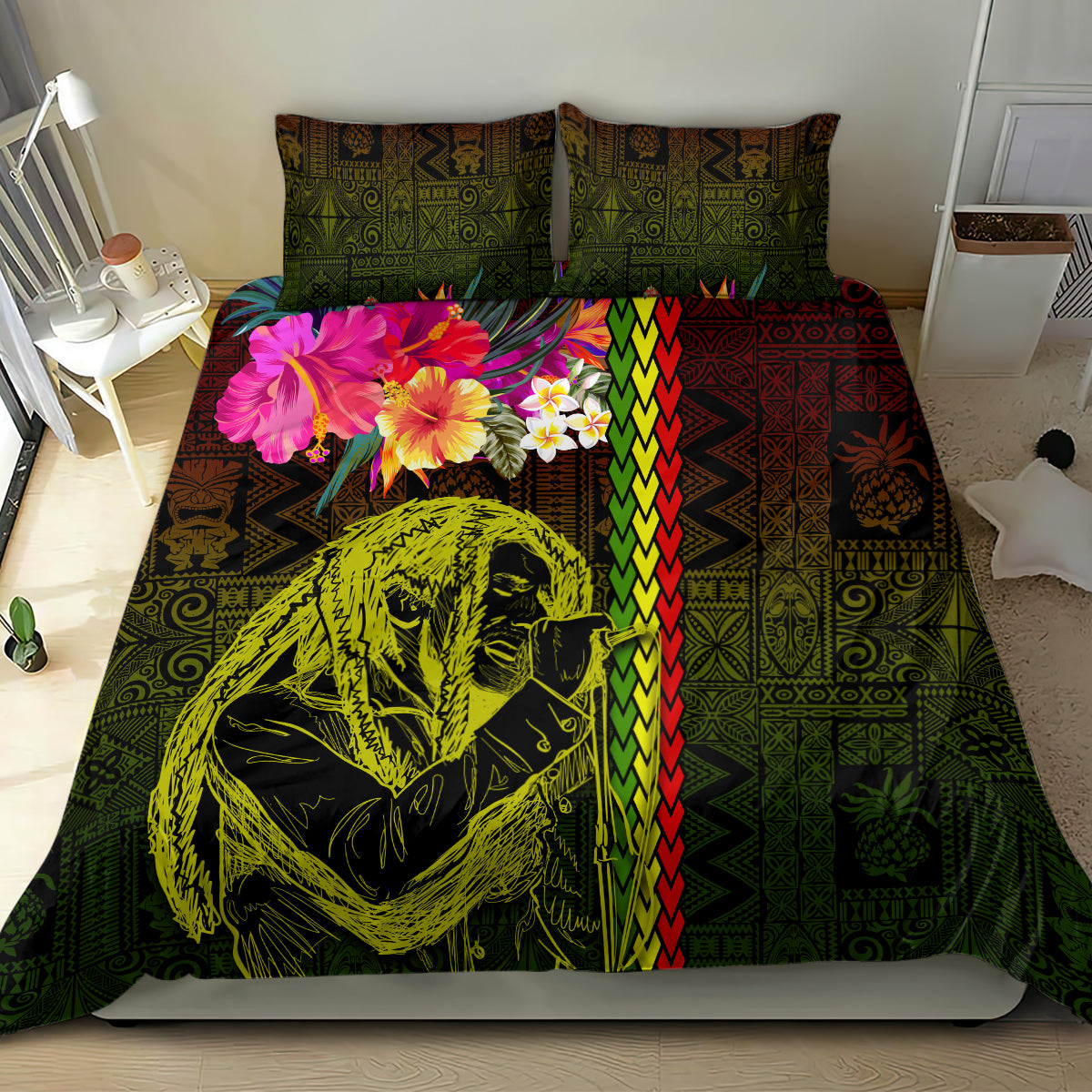 Hawaiian Reggae Music Bedding Set Jamaica Singer Tribal Polynesian and Hibiscus - Wonder Print Shop