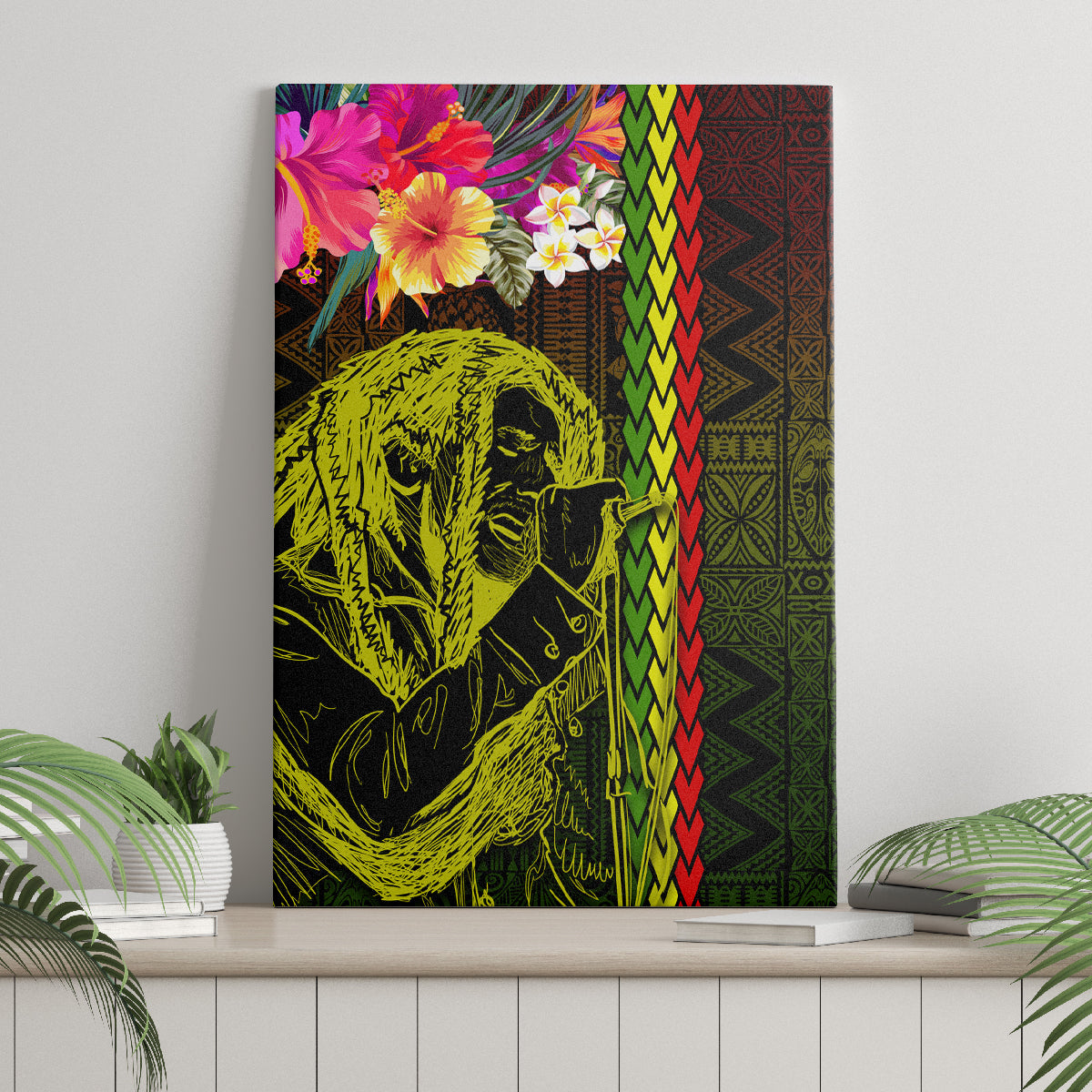Hawaiian Reggae Music Canvas Wall Art Jamaica Singer Tribal Polynesian and Hibiscus - Wonder Print Shop