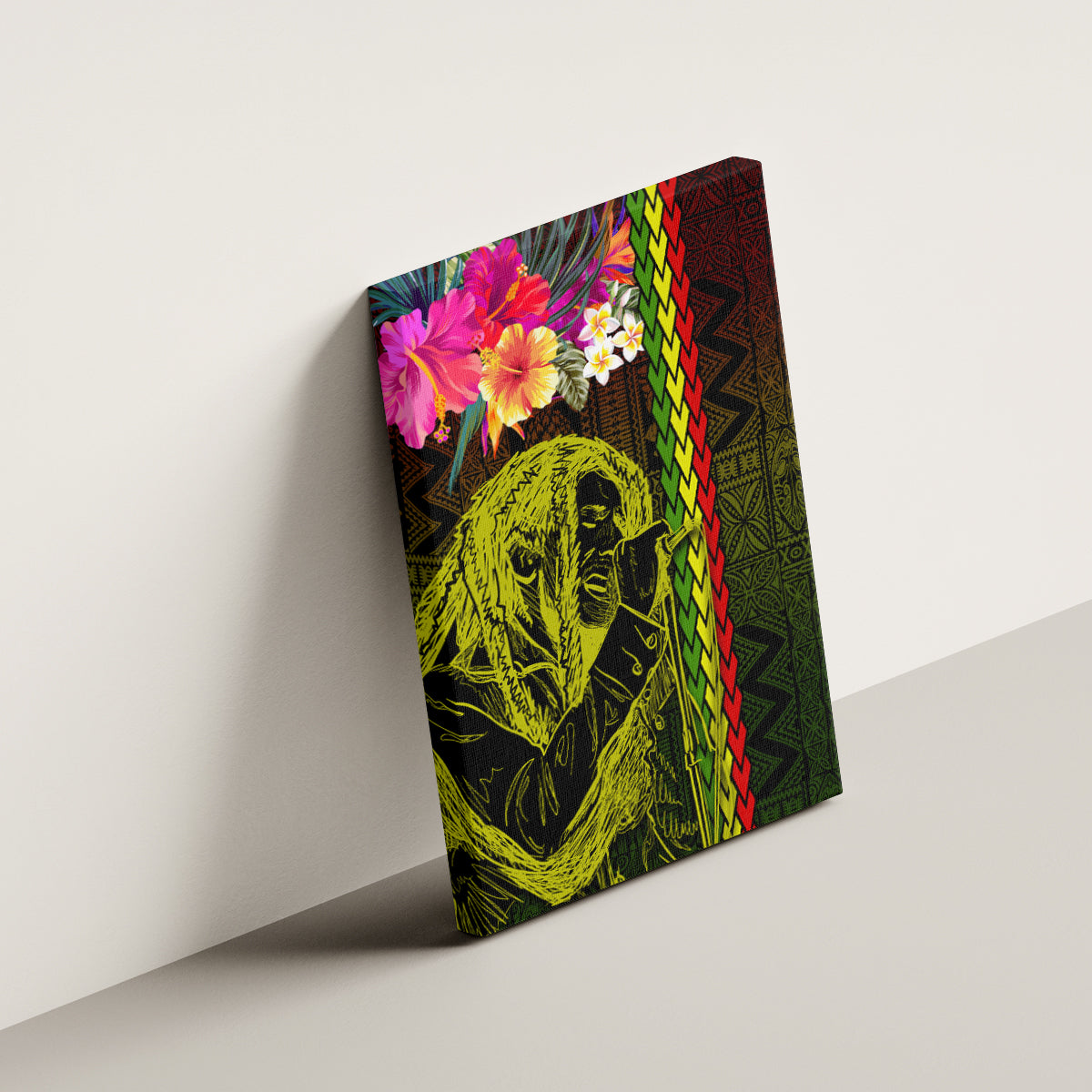 Hawaiian Reggae Music Canvas Wall Art Jamaica Singer Tribal Polynesian and Hibiscus - Wonder Print Shop