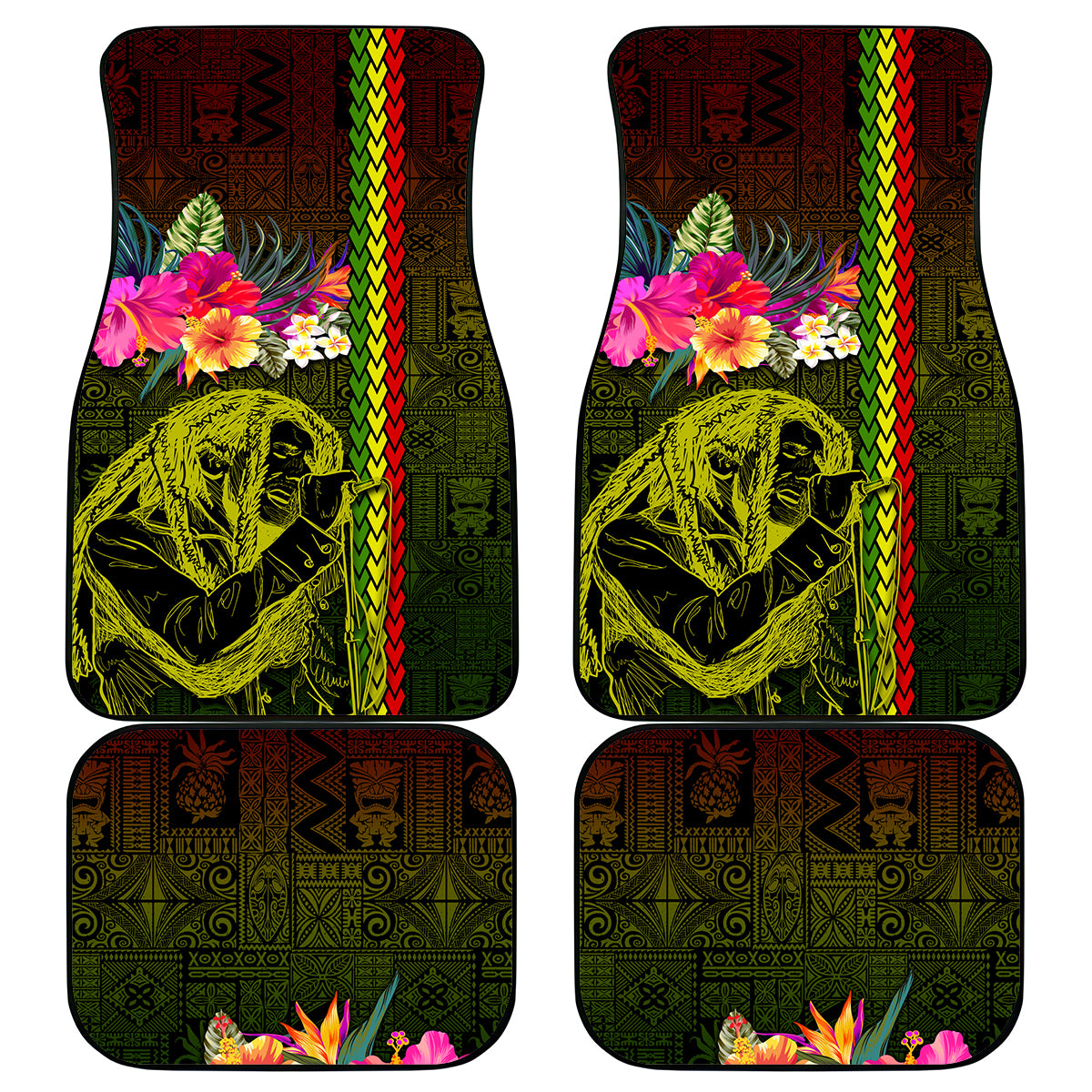 Hawaiian Reggae Music Car Mats Jamaica Singer Tribal Polynesian and Hibiscus - Wonder Print Shop