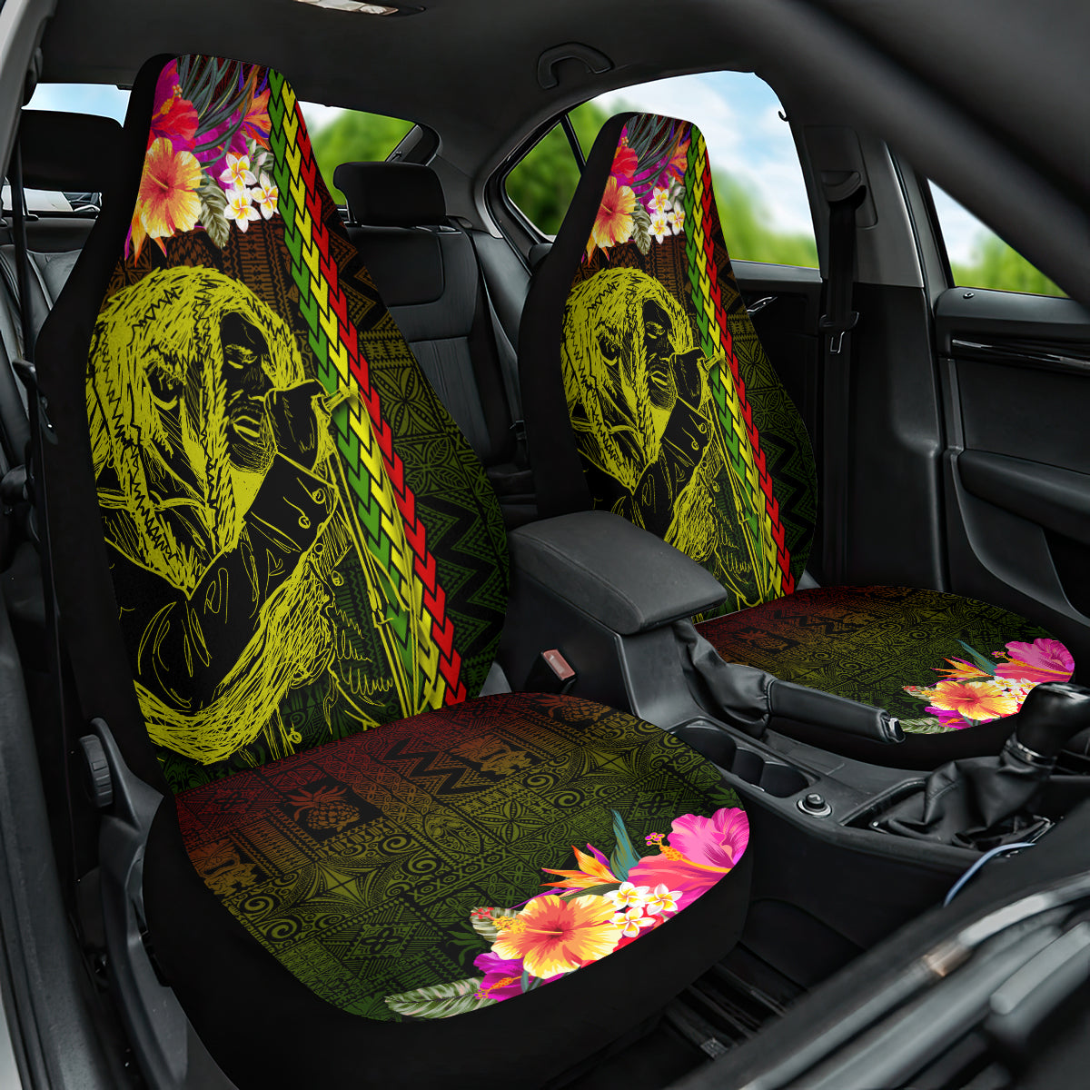Hawaiian Reggae Music Car Seat Cover Jamaica Singer Tribal Polynesian and Hibiscus - Wonder Print Shop