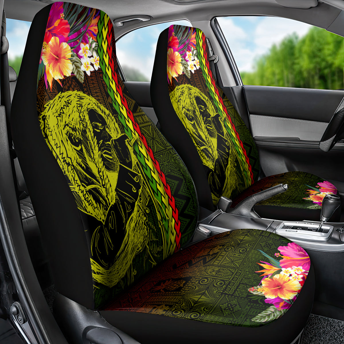 Hawaiian Reggae Music Car Seat Cover Jamaica Singer Tribal Polynesian and Hibiscus - Wonder Print Shop