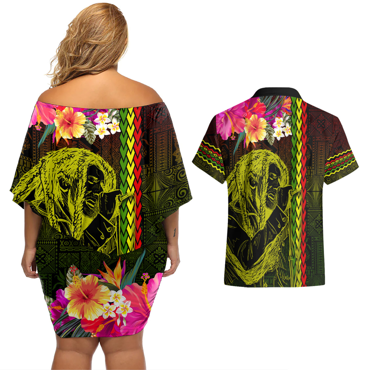 Hawaiian Reggae Music Couples Matching Off Shoulder Short Dress and Hawaiian Shirt Jamaica Singer Tribal Polynesian and Hibiscus - Wonder Print Shop