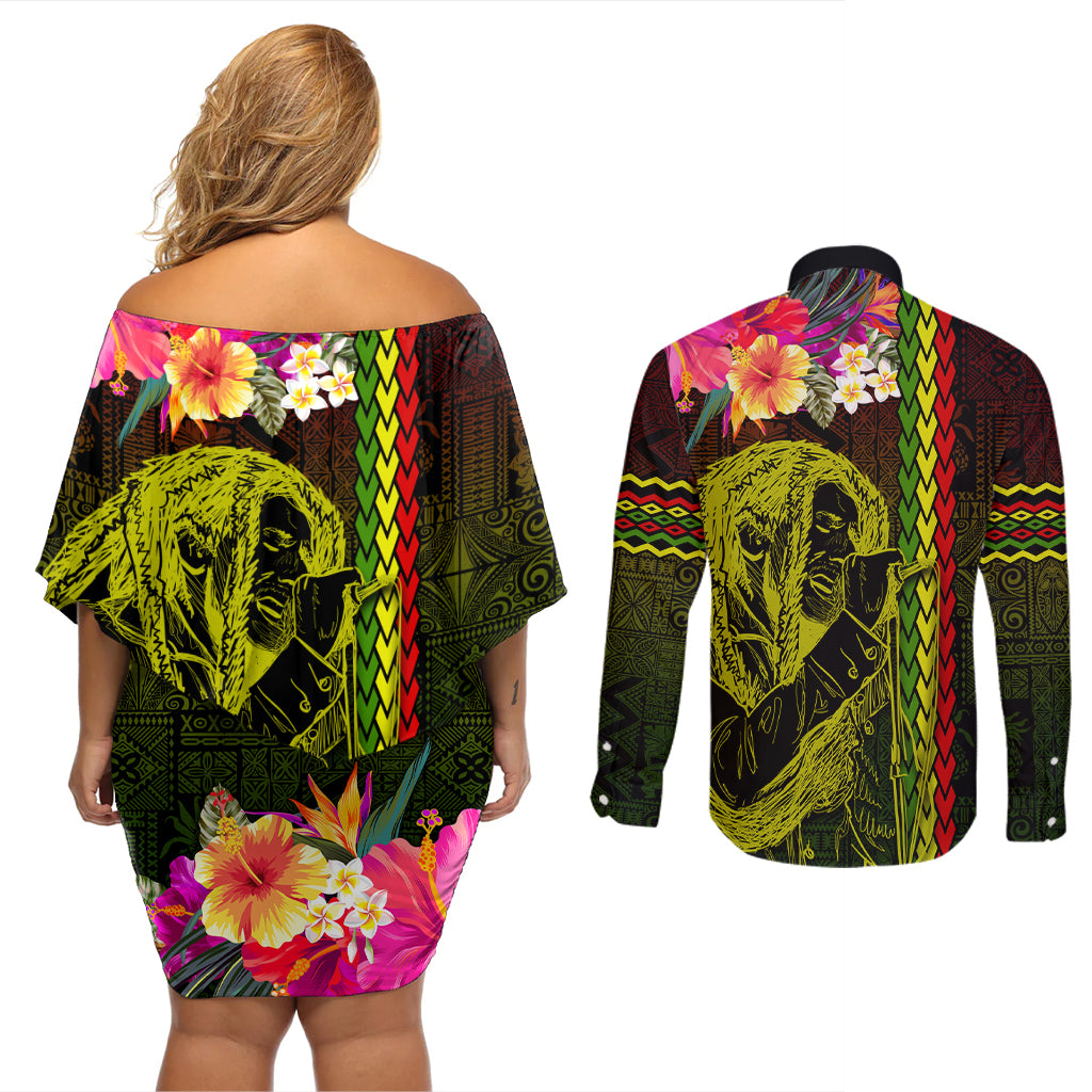 Hawaiian Reggae Music Couples Matching Off Shoulder Short Dress and Long Sleeve Button Shirt Jamaica Singer Tribal Polynesian and Hibiscus - Wonder Print Shop