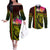 Hawaiian Reggae Music Couples Matching Off The Shoulder Long Sleeve Dress and Long Sleeve Button Shirt Jamaica Singer Tribal Polynesian and Hibiscus