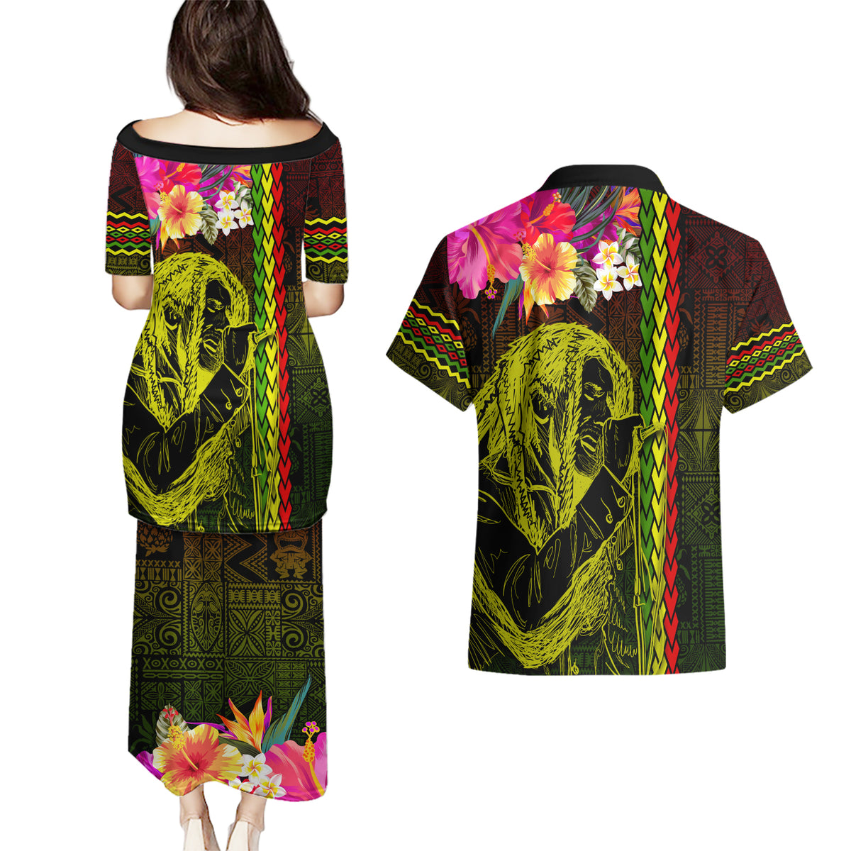 Hawaiian Reggae Music Couples Matching Puletasi and Hawaiian Shirt Jamaica Singer Tribal Polynesian and Hibiscus - Wonder Print Shop