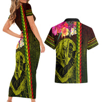 Hawaiian Reggae Music Couples Matching Short Sleeve Bodycon Dress and Hawaiian Shirt Jamaica Singer Tribal Polynesian and Hibiscus - Wonder Print Shop