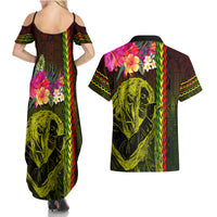 Hawaiian Reggae Music Couples Matching Summer Maxi Dress and Hawaiian Shirt Jamaica Singer Tribal Polynesian and Hibiscus - Wonder Print Shop