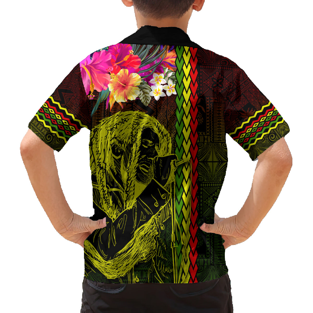 Hawaiian Reggae Music Family Matching Long Sleeve Bodycon Dress and Hawaiian Shirt Jamaica Singer Tribal Polynesian and Hibiscus - Wonder Print Shop