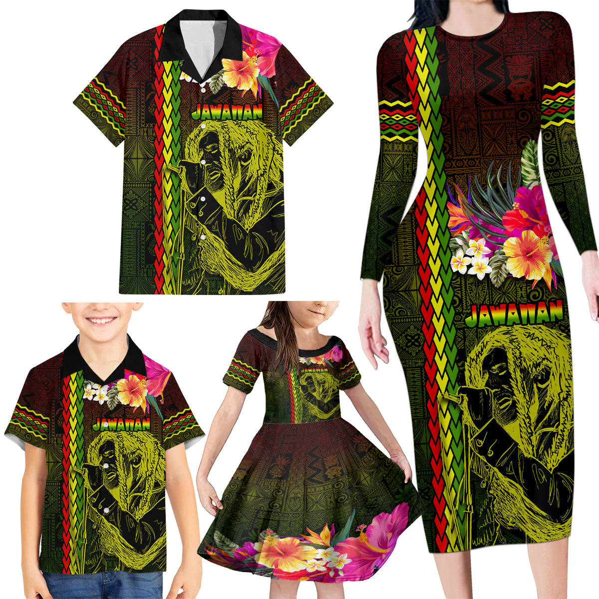 Hawaiian Reggae Music Family Matching Long Sleeve Bodycon Dress and Hawaiian Shirt Jamaica Singer Tribal Polynesian and Hibiscus - Wonder Print Shop