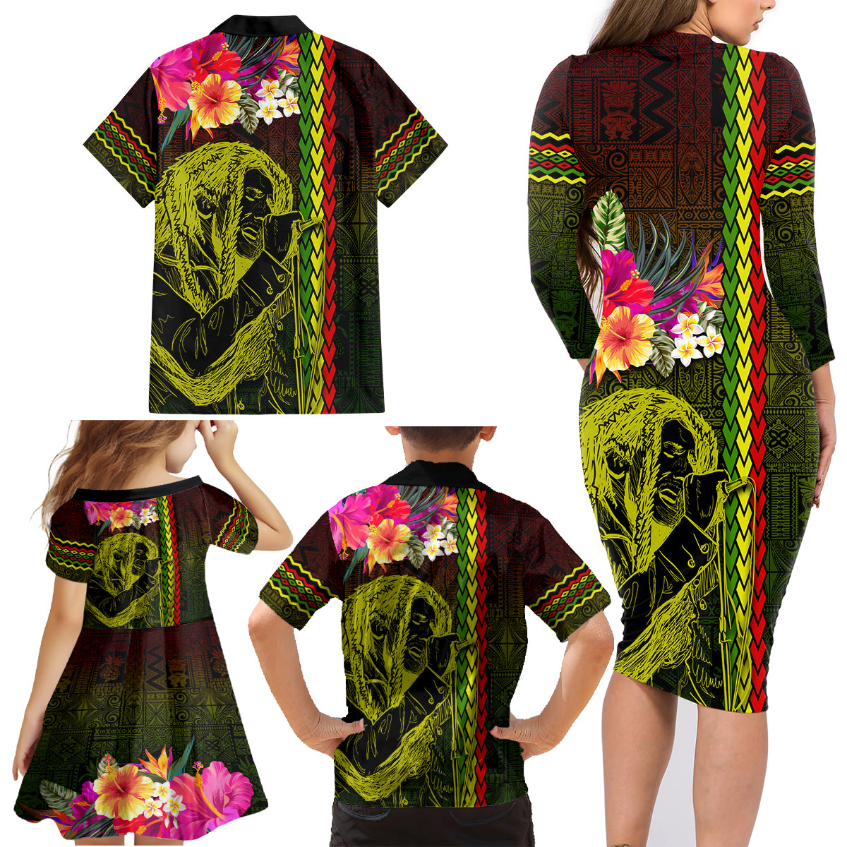 Hawaiian Reggae Music Family Matching Long Sleeve Bodycon Dress and Hawaiian Shirt Jamaica Singer Tribal Polynesian and Hibiscus - Wonder Print Shop