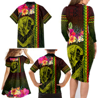 Hawaiian Reggae Music Family Matching Long Sleeve Bodycon Dress and Hawaiian Shirt Jamaica Singer Tribal Polynesian and Hibiscus - Wonder Print Shop
