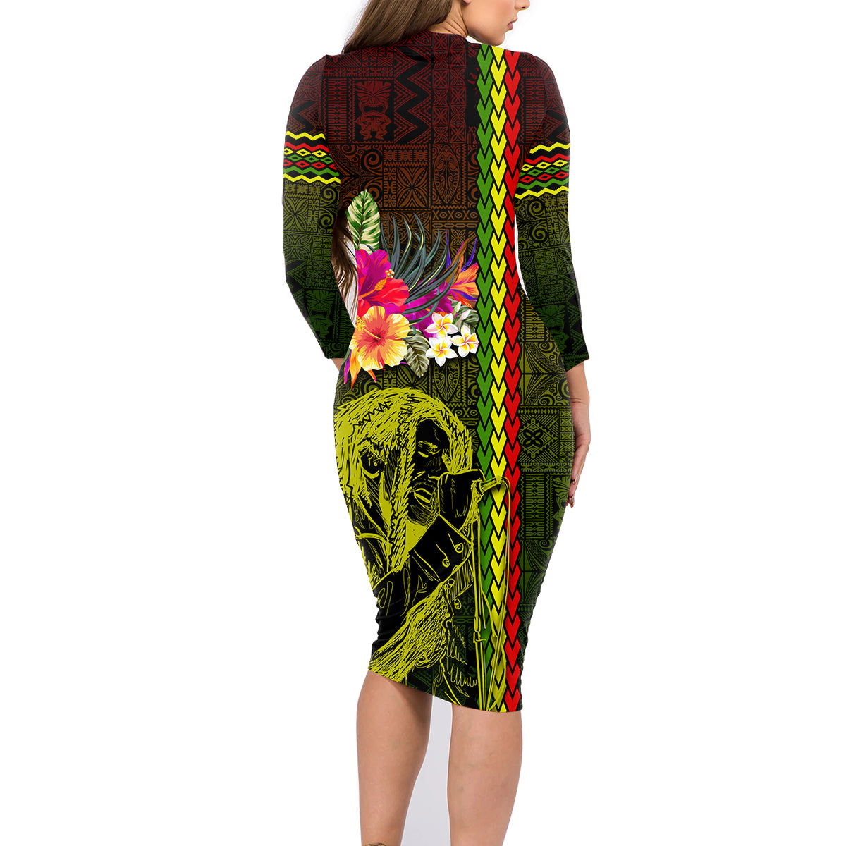 Hawaiian Reggae Music Family Matching Long Sleeve Bodycon Dress and Hawaiian Shirt Jamaica Singer Tribal Polynesian and Hibiscus - Wonder Print Shop