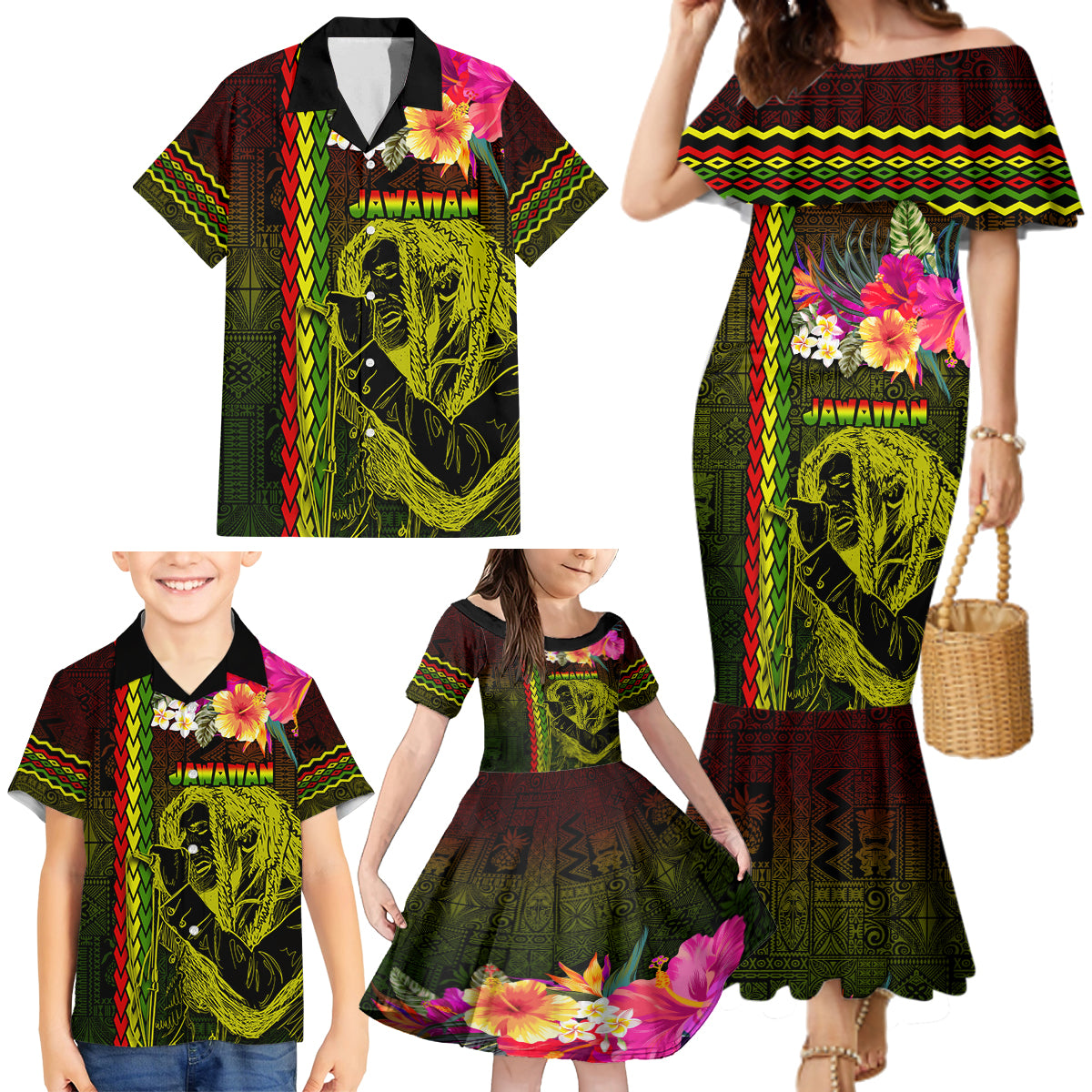 Hawaiian Reggae Music Family Matching Mermaid Dress and Hawaiian Shirt Jamaica Singer Tribal Polynesian and Hibiscus - Wonder Print Shop