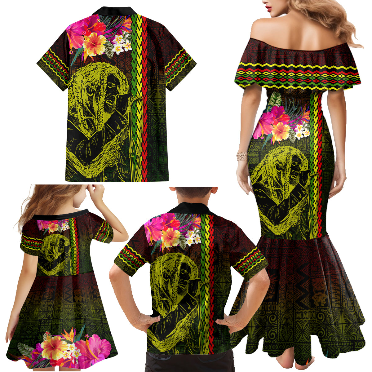 Hawaiian Reggae Music Family Matching Mermaid Dress and Hawaiian Shirt Jamaica Singer Tribal Polynesian and Hibiscus - Wonder Print Shop