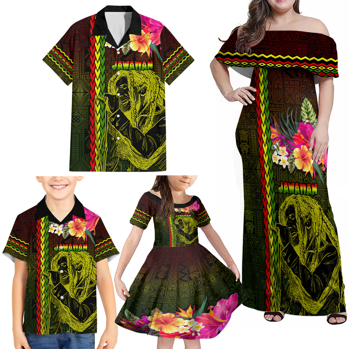 Hawaiian Reggae Music Family Matching Off Shoulder Maxi Dress and Hawaiian Shirt Jamaica Singer Tribal Polynesian and Hibiscus - Wonder Print Shop