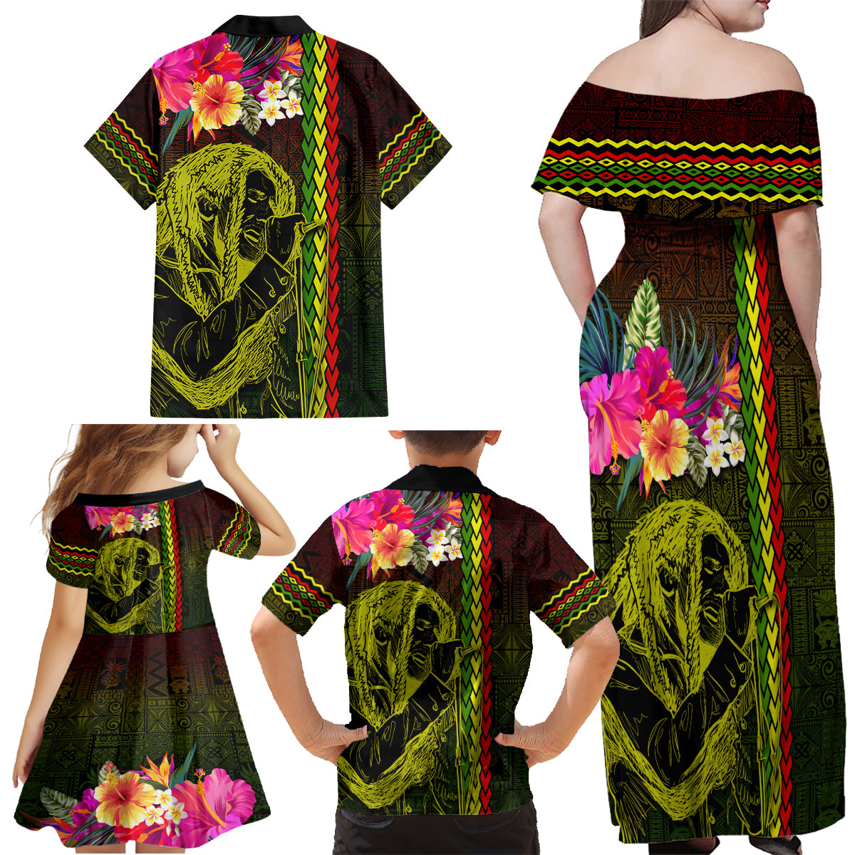 Hawaiian Reggae Music Family Matching Off Shoulder Maxi Dress and Hawaiian Shirt Jamaica Singer Tribal Polynesian and Hibiscus - Wonder Print Shop