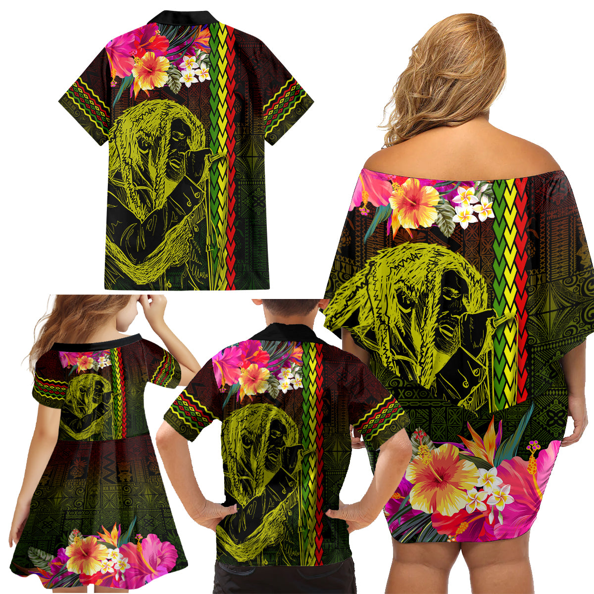 Hawaiian Reggae Music Family Matching Off Shoulder Short Dress and Hawaiian Shirt Jamaica Singer Tribal Polynesian and Hibiscus - Wonder Print Shop