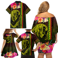 Hawaiian Reggae Music Family Matching Off Shoulder Short Dress and Hawaiian Shirt Jamaica Singer Tribal Polynesian and Hibiscus - Wonder Print Shop