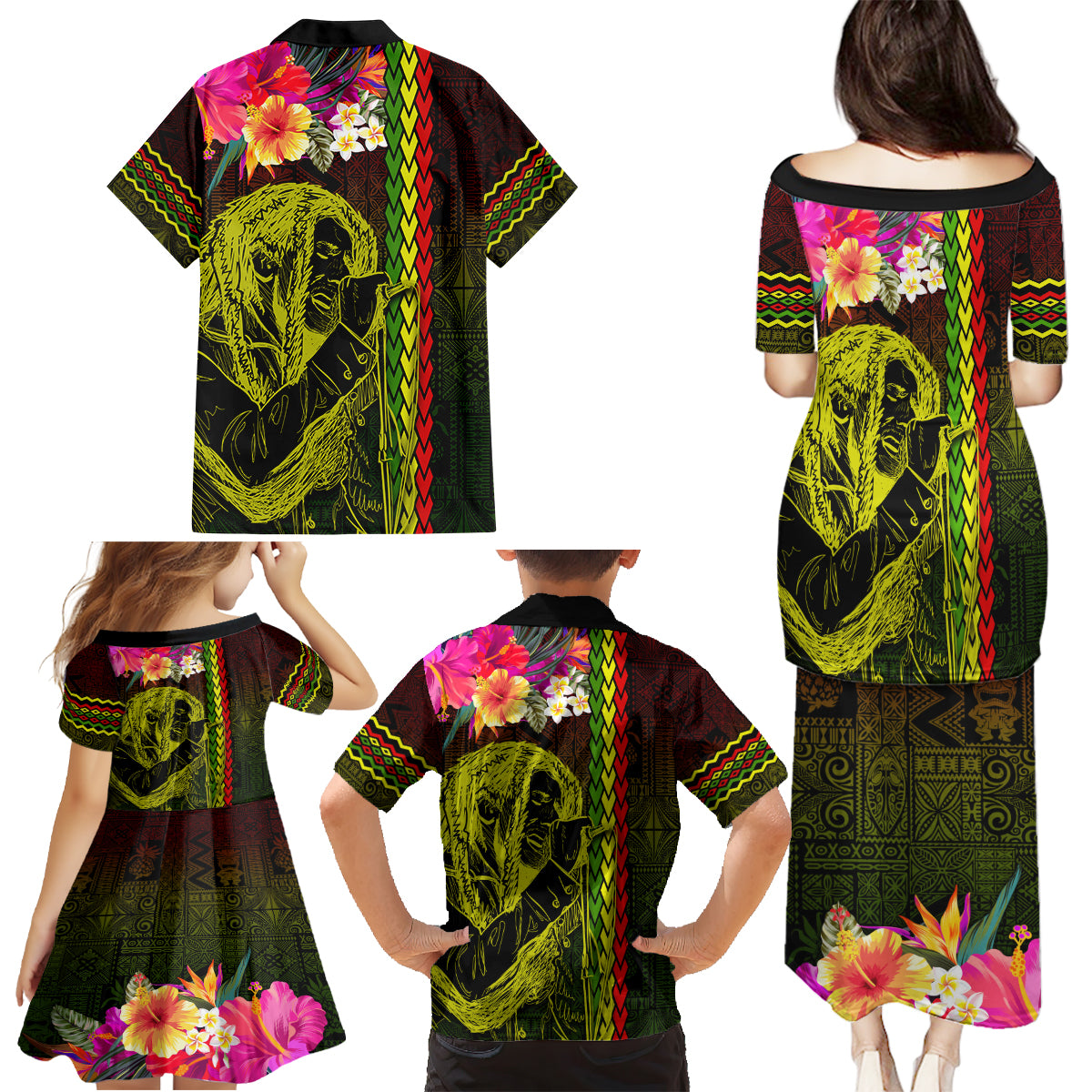 Hawaiian Reggae Music Family Matching Puletasi and Hawaiian Shirt Jamaica Singer Tribal Polynesian and Hibiscus - Wonder Print Shop
