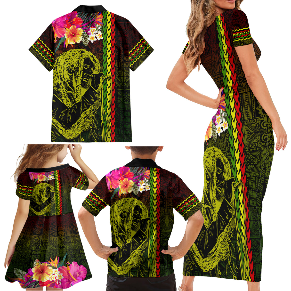 Hawaiian Reggae Music Family Matching Short Sleeve Bodycon Dress and Hawaiian Shirt Jamaica Singer Tribal Polynesian and Hibiscus - Wonder Print Shop