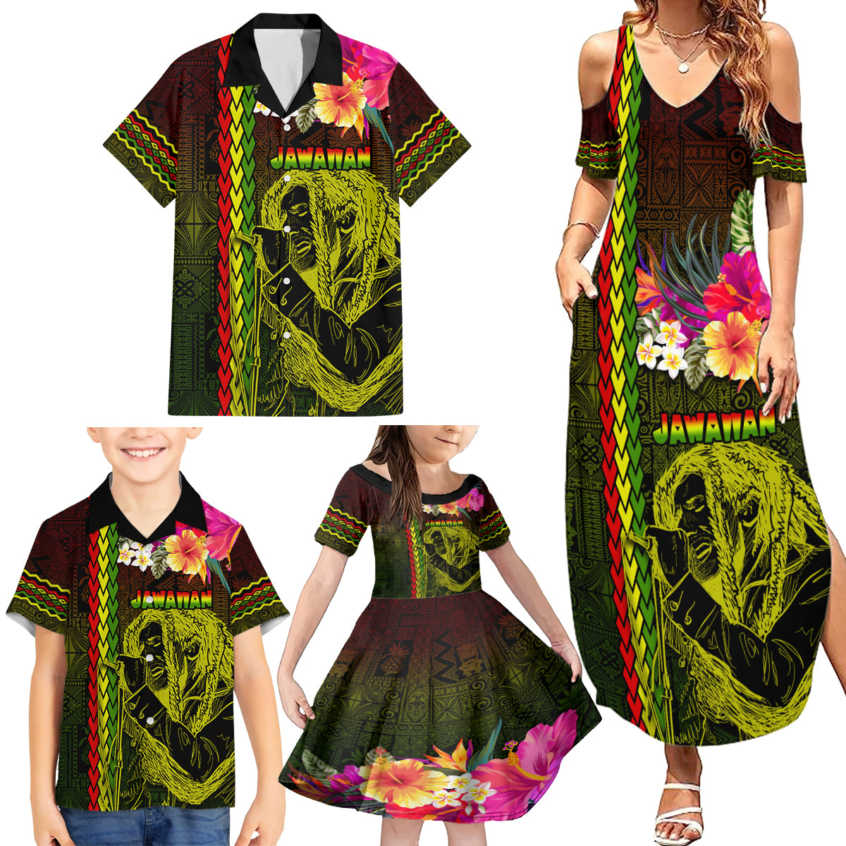 Hawaiian Reggae Music Family Matching Summer Maxi Dress and Hawaiian Shirt Jamaica Singer Tribal Polynesian and Hibiscus - Wonder Print Shop
