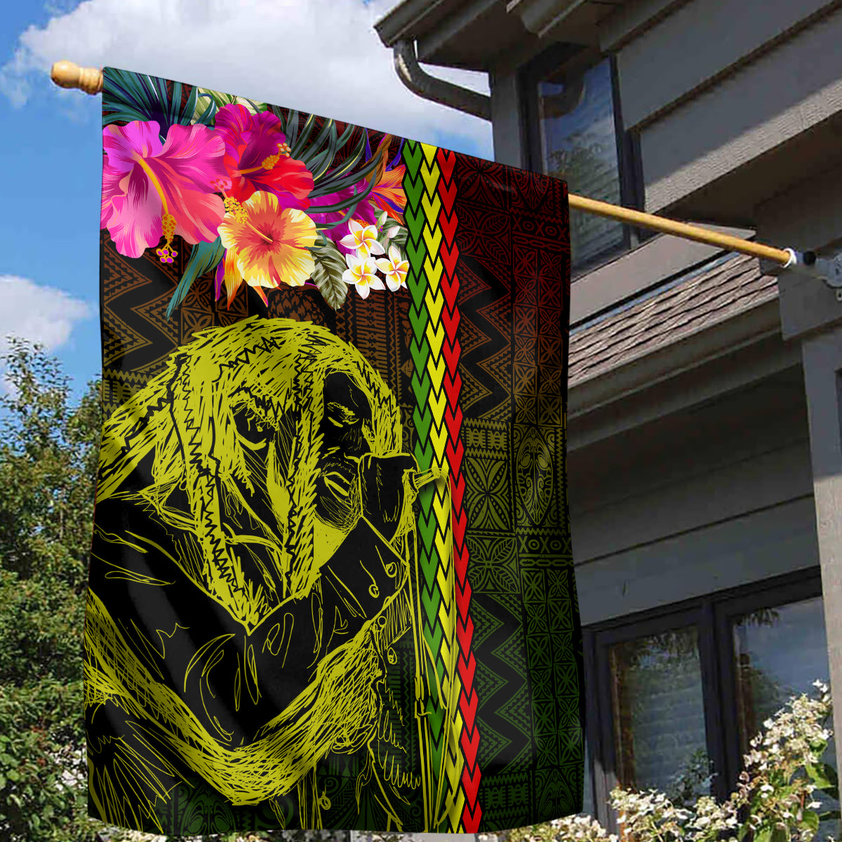 Hawaiian Reggae Music Garden Flag Jamaica Singer Tribal Polynesian and Hibiscus - Wonder Print Shop