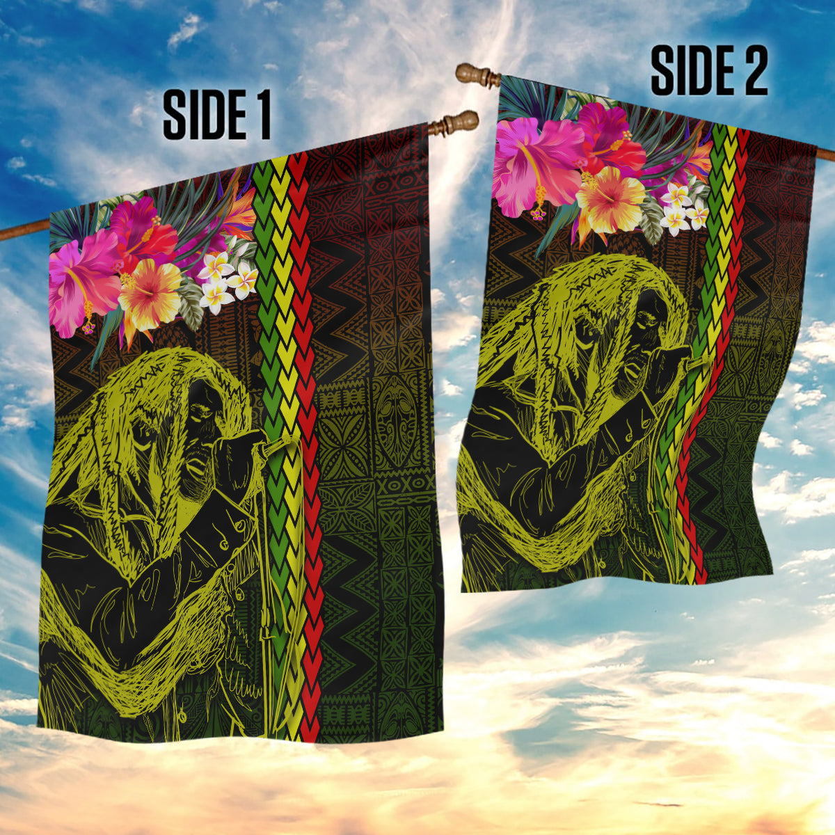 Hawaiian Reggae Music Garden Flag Jamaica Singer Tribal Polynesian and Hibiscus - Wonder Print Shop