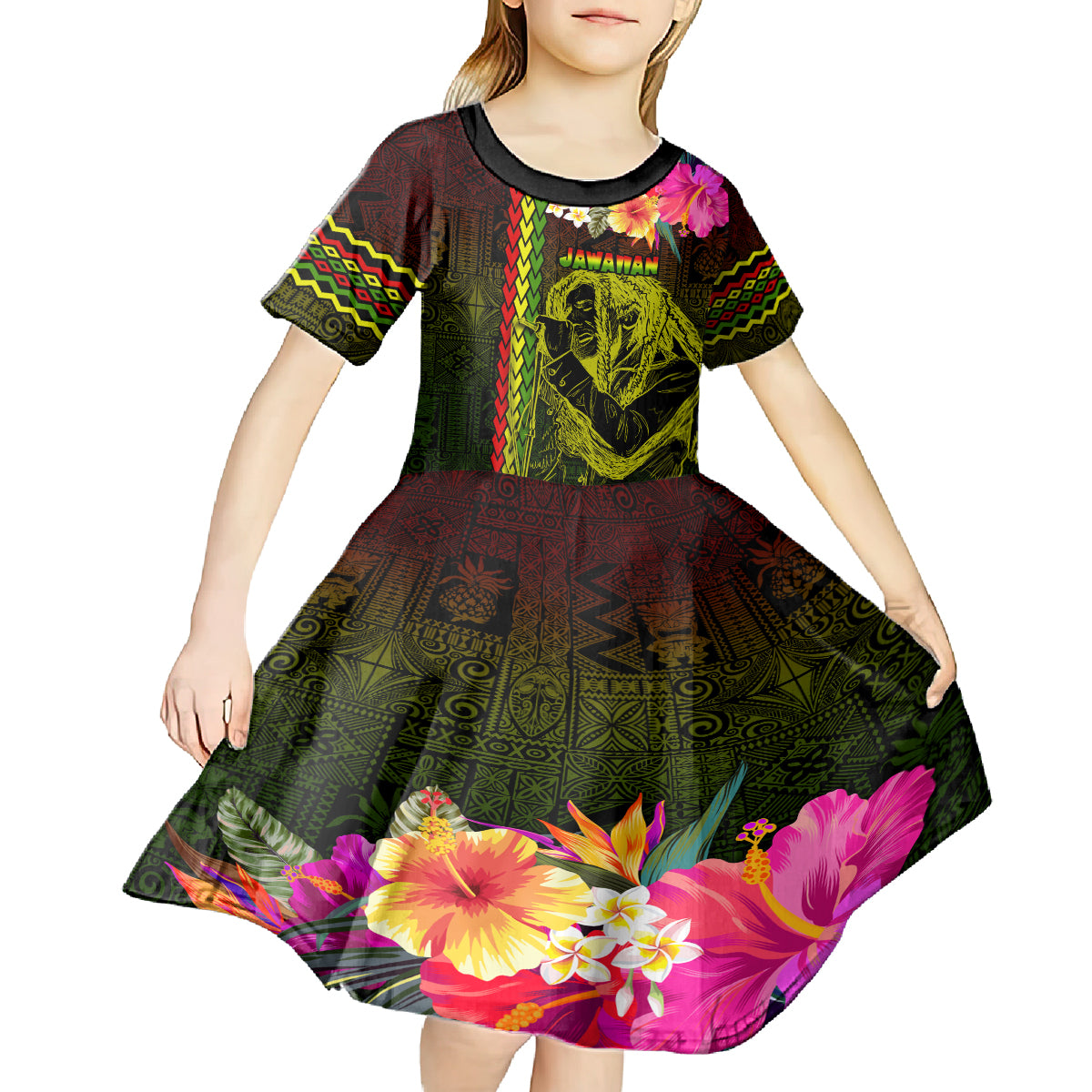 Hawaiian Reggae Music Kid Short Sleeve Dress Jamaica Singer Tribal Polynesian and Hibiscus - Wonder Print Shop