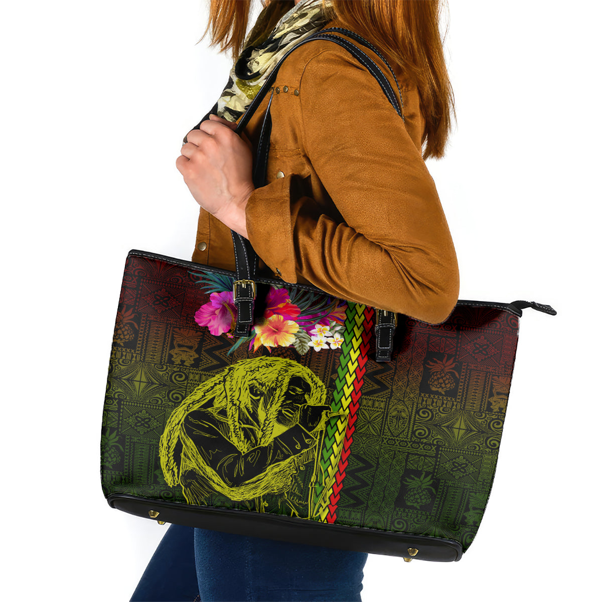 Hawaiian Reggae Music Leather Tote Bag Jamaica Singer Tribal Polynesian and Hibiscus - Wonder Print Shop