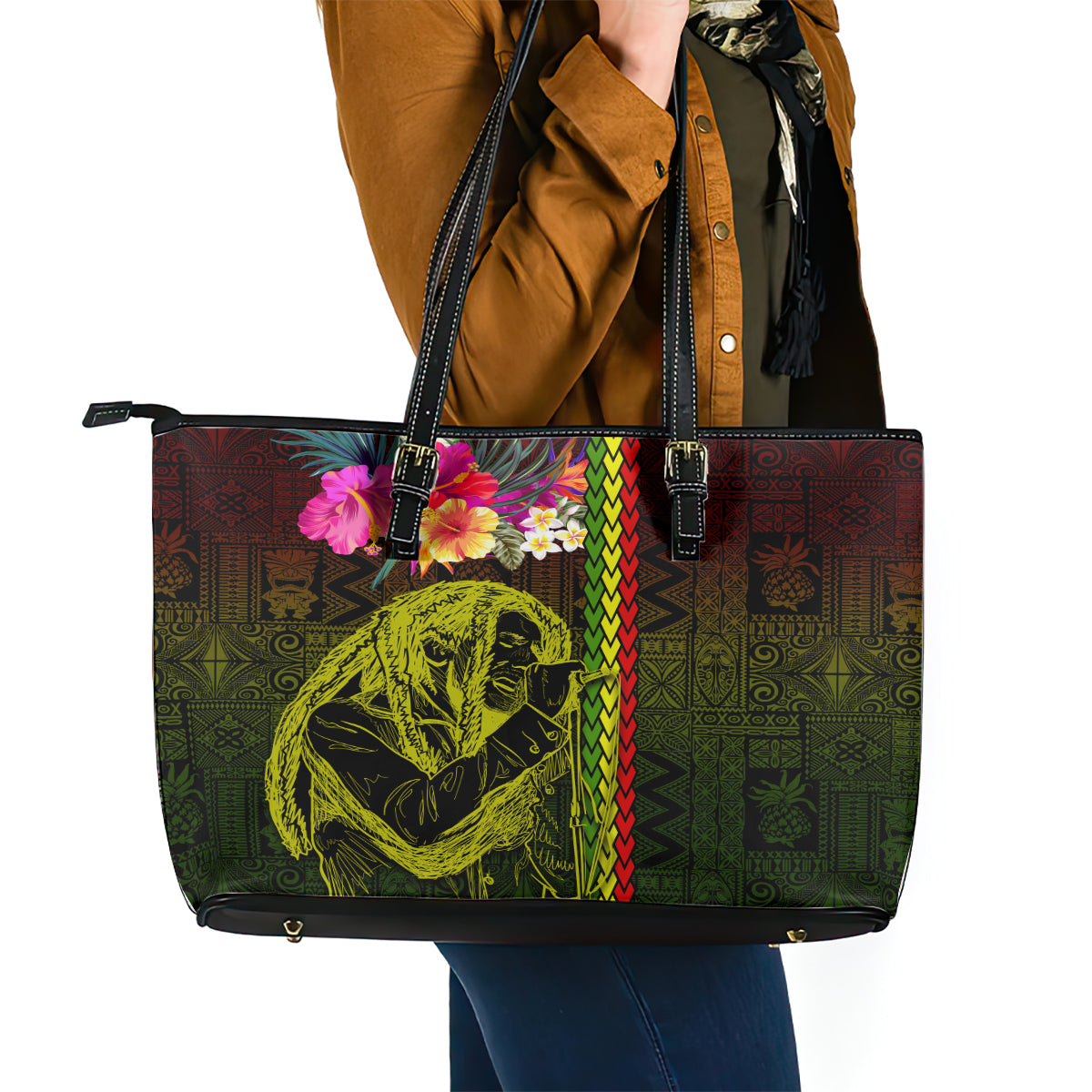 Hawaiian Reggae Music Leather Tote Bag Jamaica Singer Tribal Polynesian and Hibiscus - Wonder Print Shop