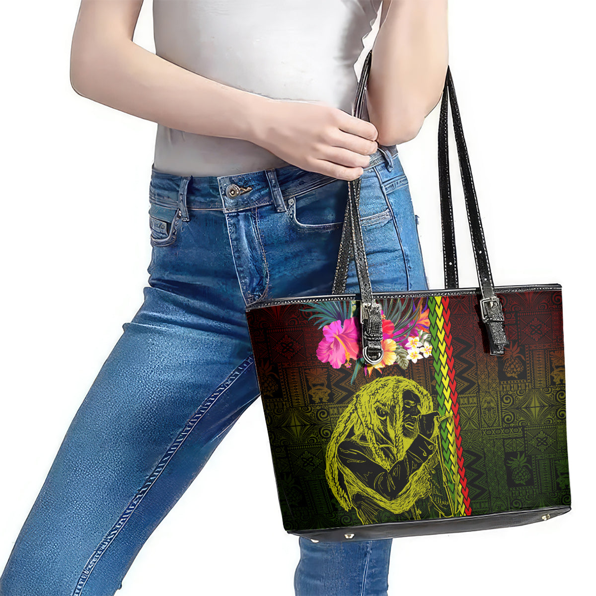 Hawaiian Reggae Music Leather Tote Bag Jamaica Singer Tribal Polynesian and Hibiscus - Wonder Print Shop