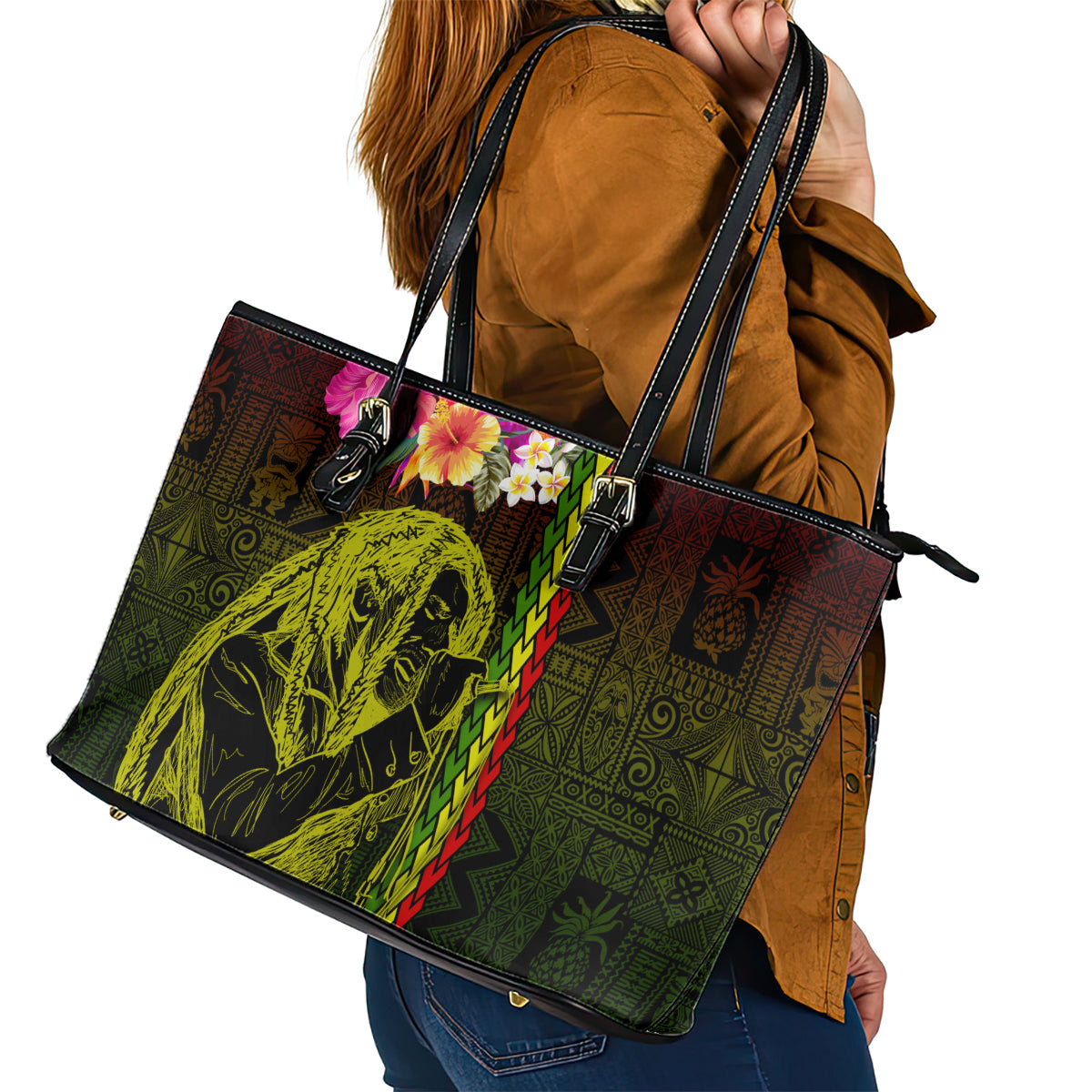 Hawaiian Reggae Music Leather Tote Bag Jamaica Singer Tribal Polynesian and Hibiscus - Wonder Print Shop